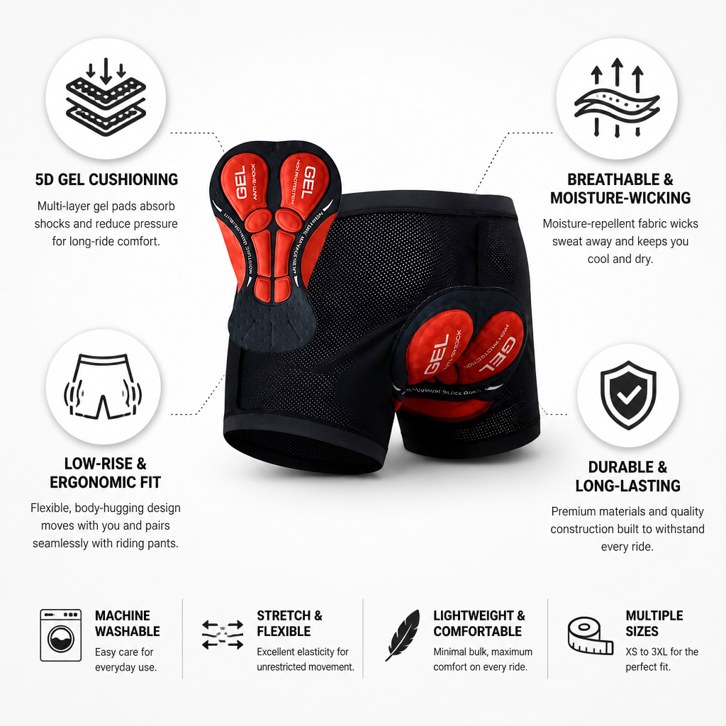 5D Gel Padded Breathable & Moisture-Wicking Motorcycle Shorts (Low-Rise)