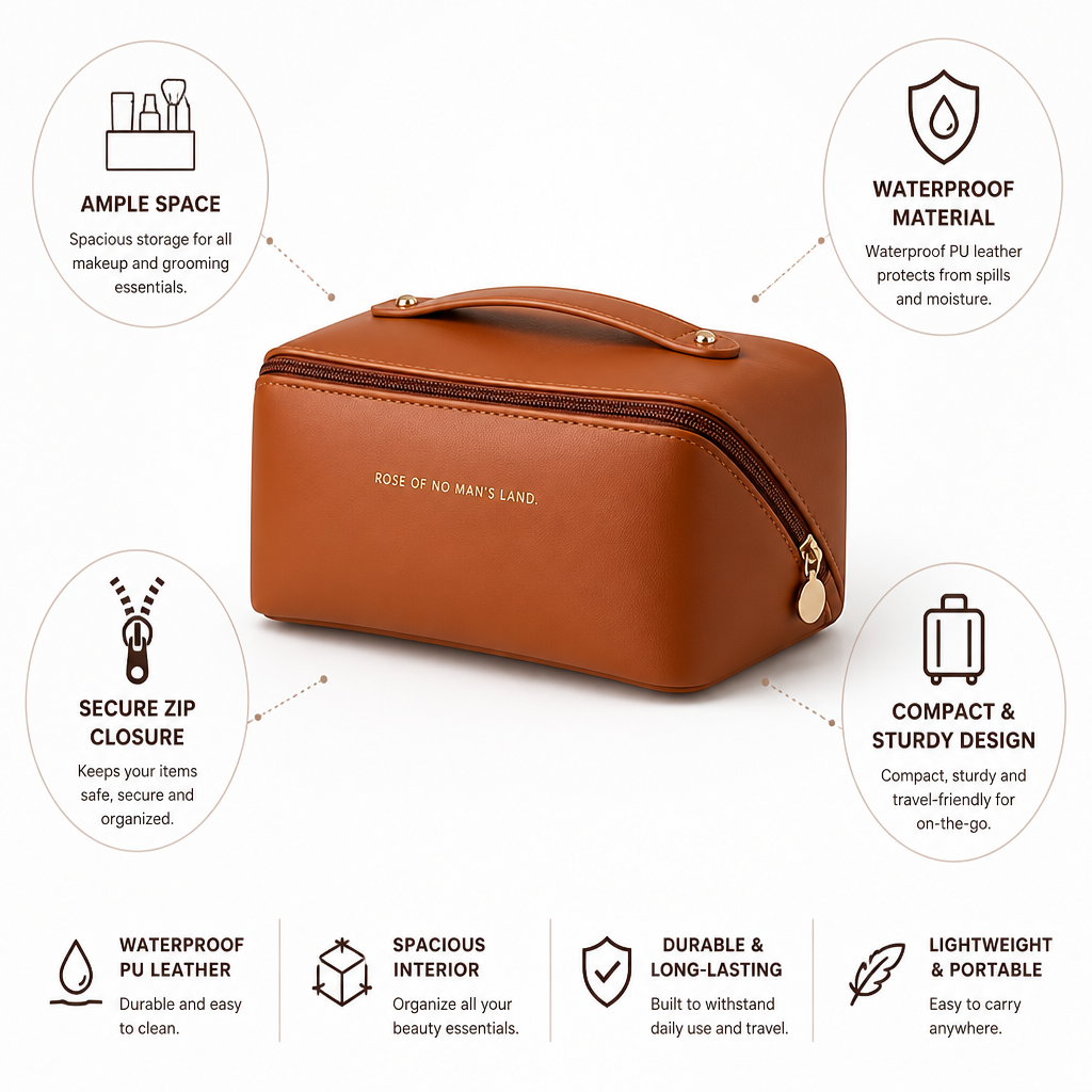 Waterproof PU Leather Zip-Closure Travel Makeup Organizer