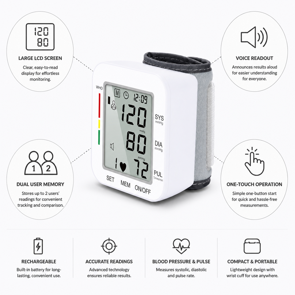 Rechargeable Large LCD Voice Readout Wrist Blood Pressure Monitor (Dual-User)