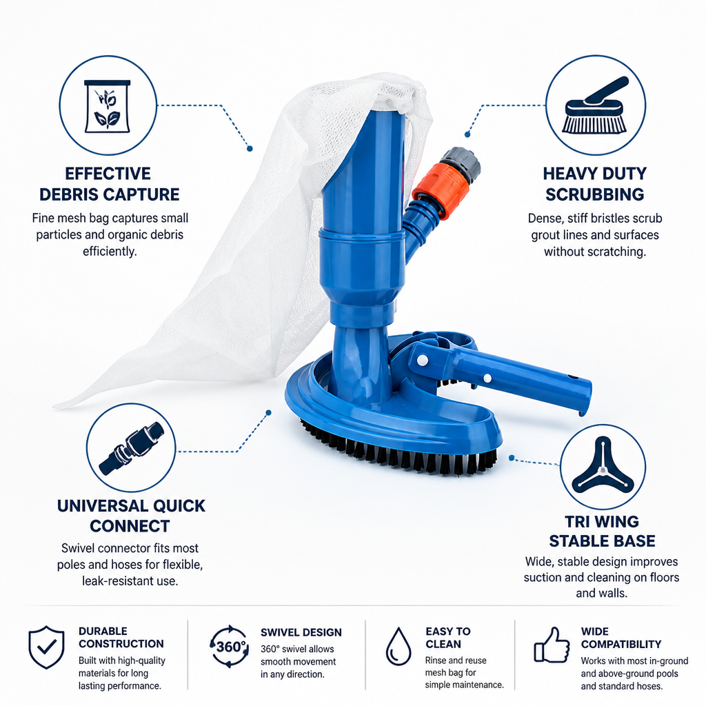 Fine Mesh Bag & Scrub Bristles Pool Vacuum Head (Universal Quick-Connect Swivel)