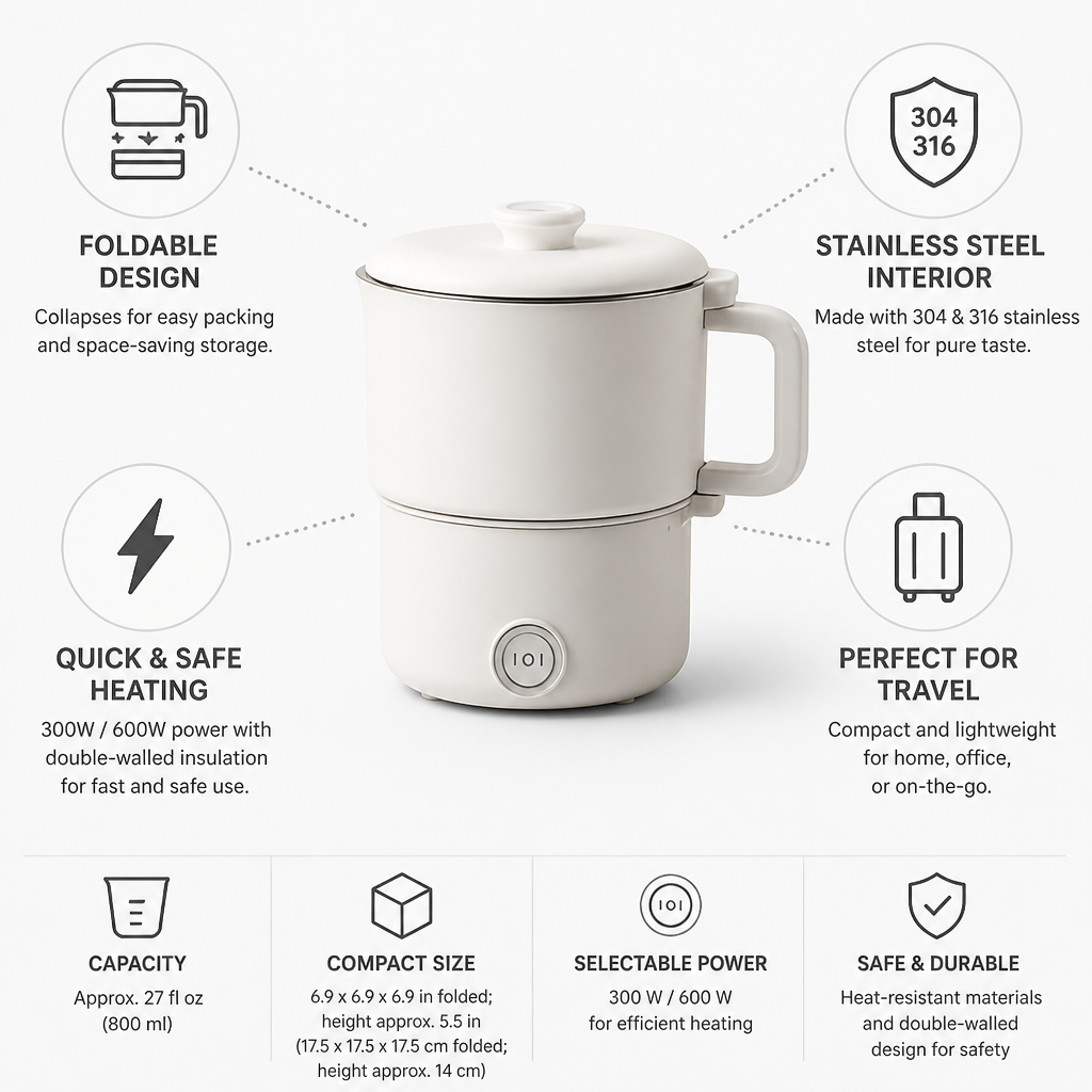 Foldable Stainless Steel Travel Kettle (800 ml)