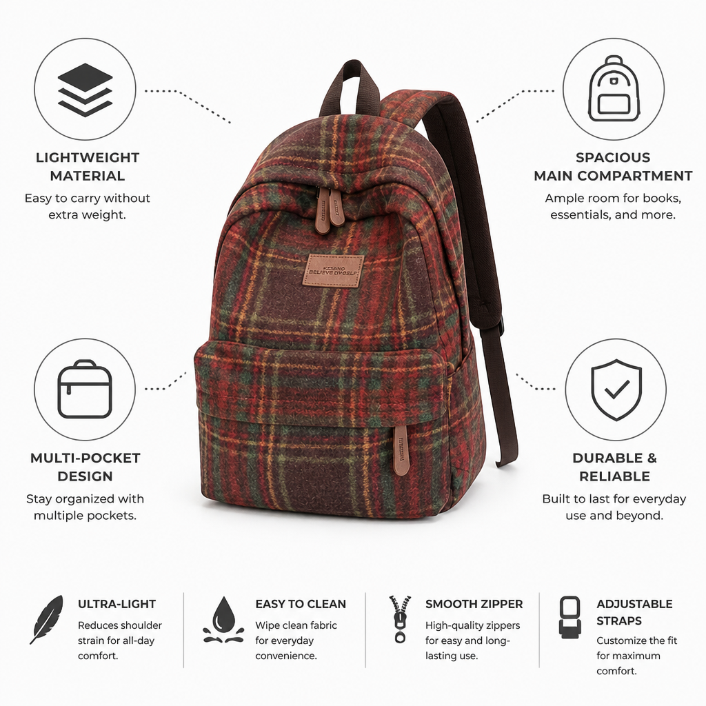 Lightweight Multi-Pocket Solid Color Backpack