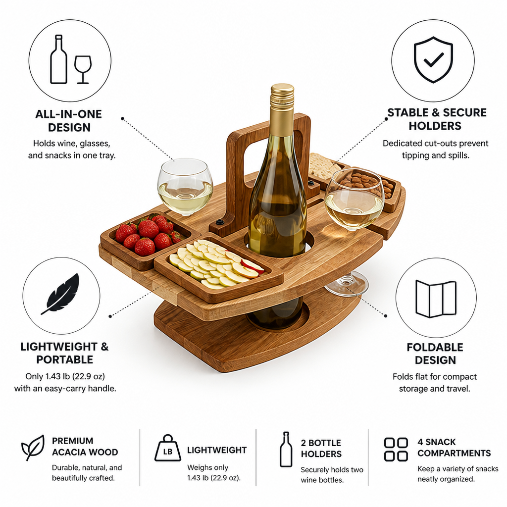 Foldable Acacia Wood Wine Table (With Glass & Snack Holders)