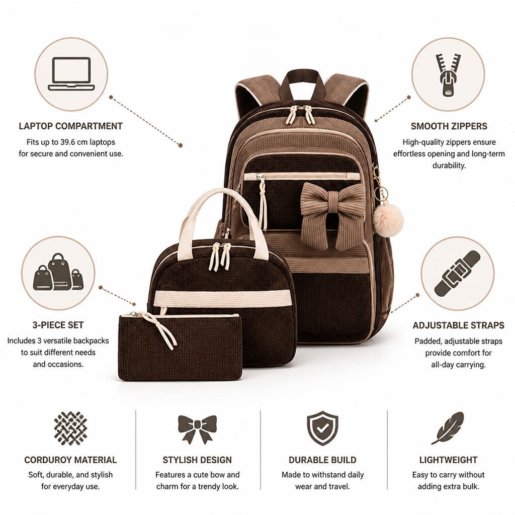 Corduroy Laptop-Ready Backpack Set (Set of 3)