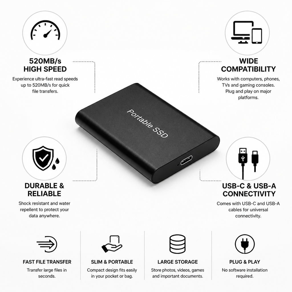 High-Speed 520 MB/s External SSD (USB-C & USB-A)