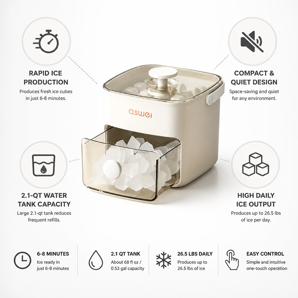 Fast & Quiet Compact Ice Maker (2.1-Qt Tank)
