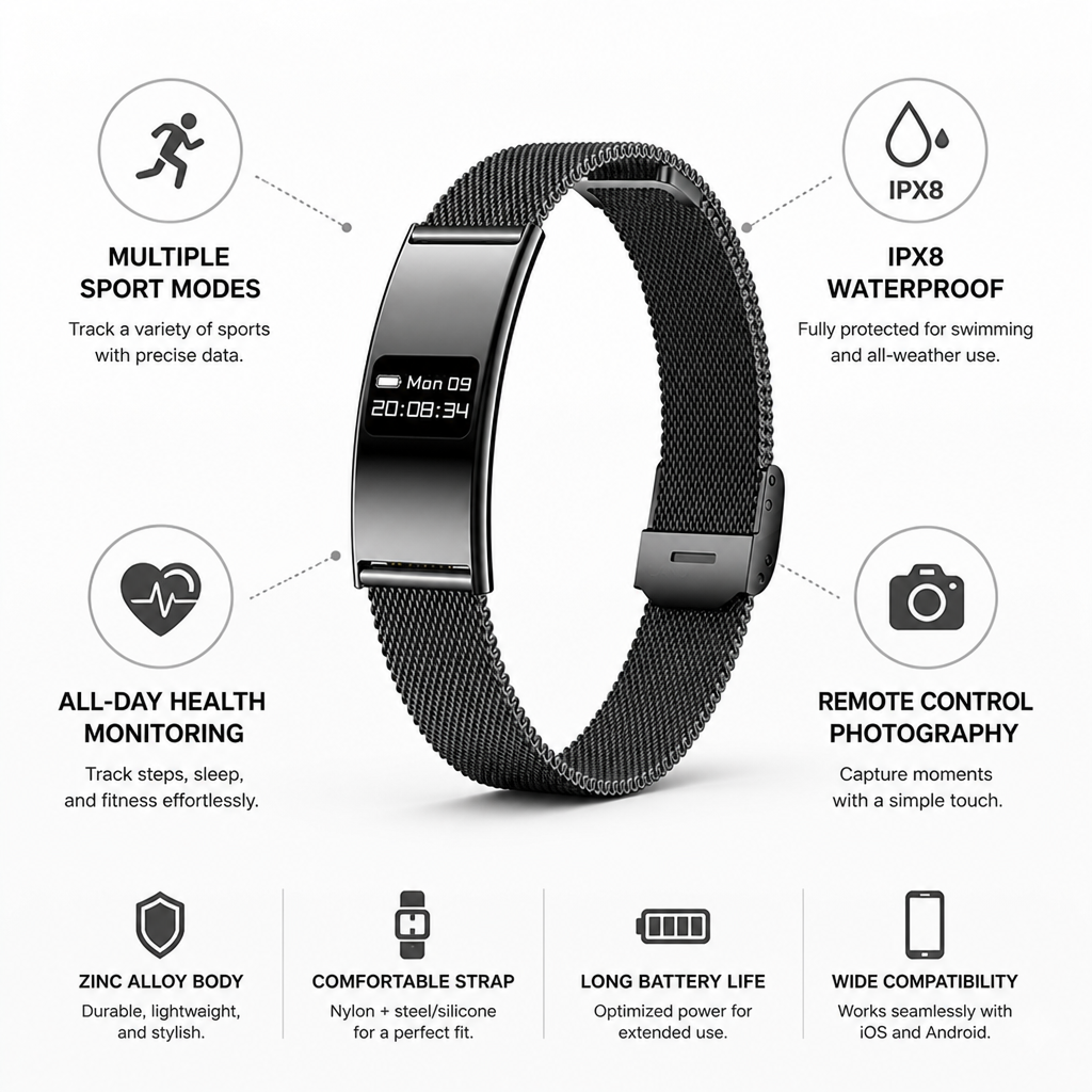 Zinc Alloy IPX8 Waterproof Fitness Bracelet