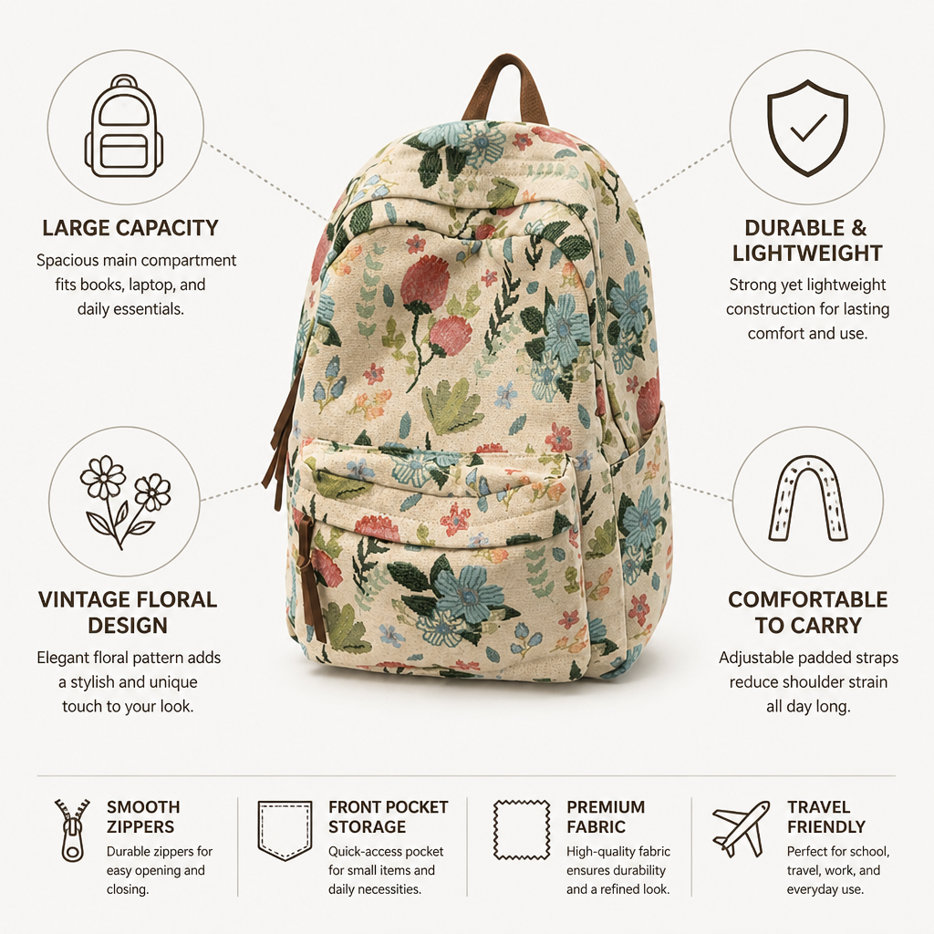 Vintage Floral Large-Capacity Backpack (School & Travel)
