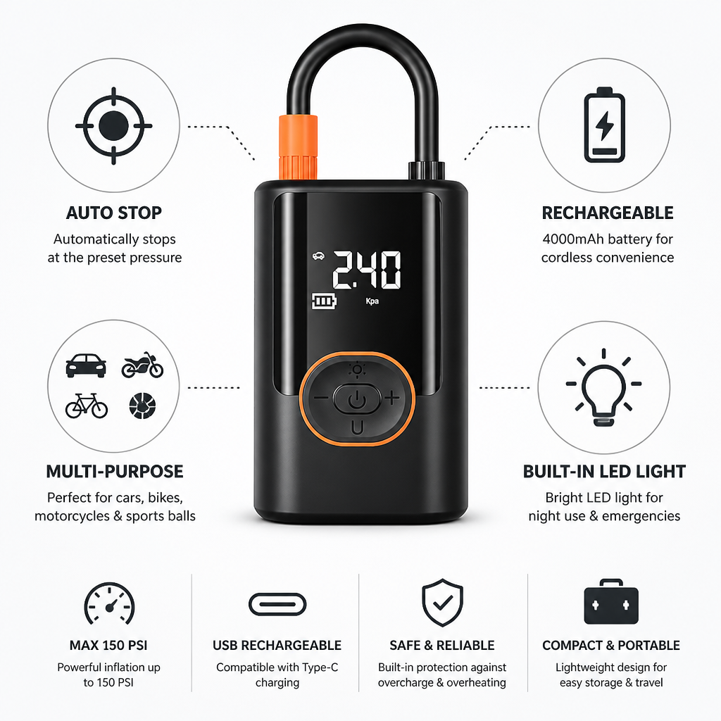 Digital LCD Auto-Shutoff USB-Rechargeable Tire Pump