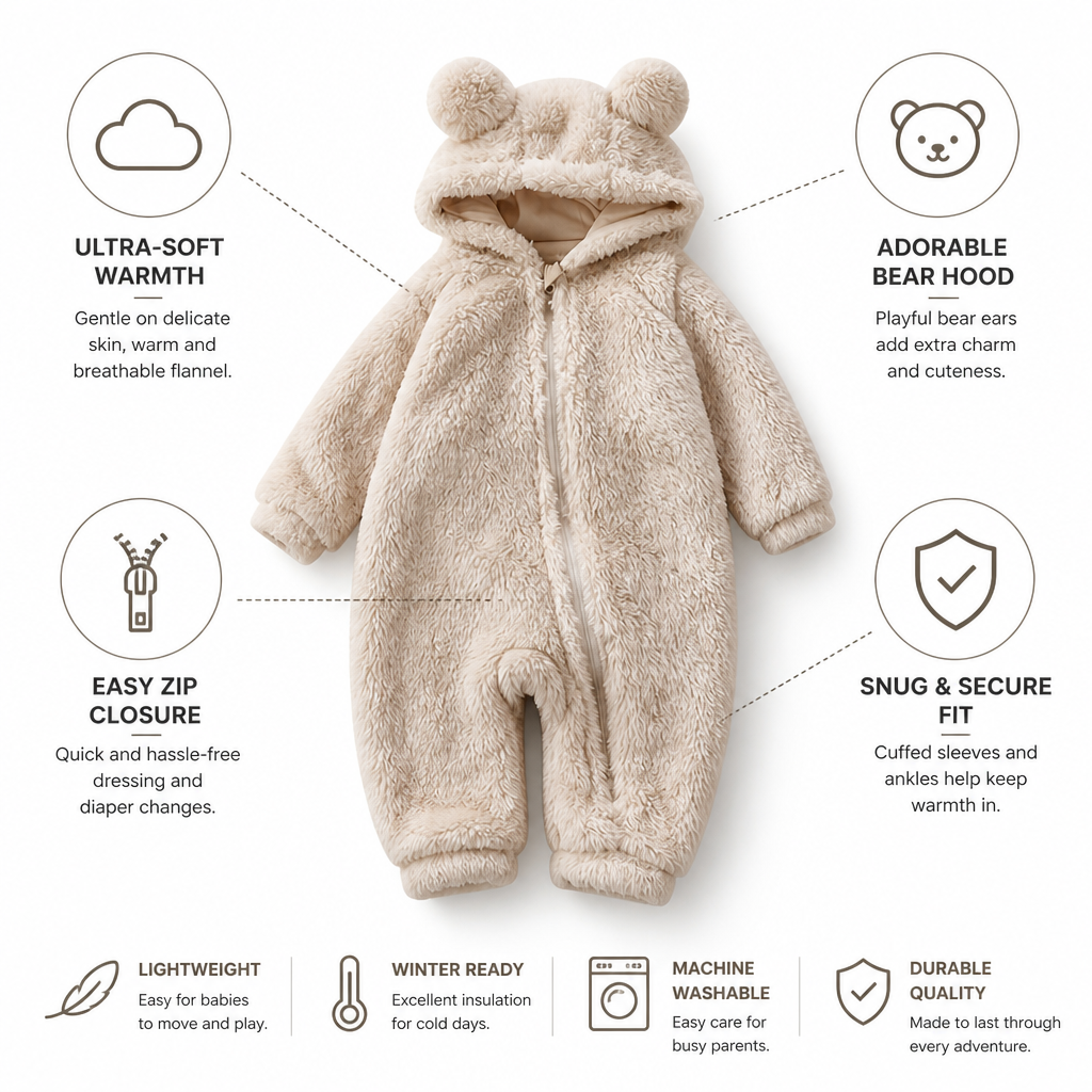 Ultra-Soft Flannel Zip Bear Hood Onesie