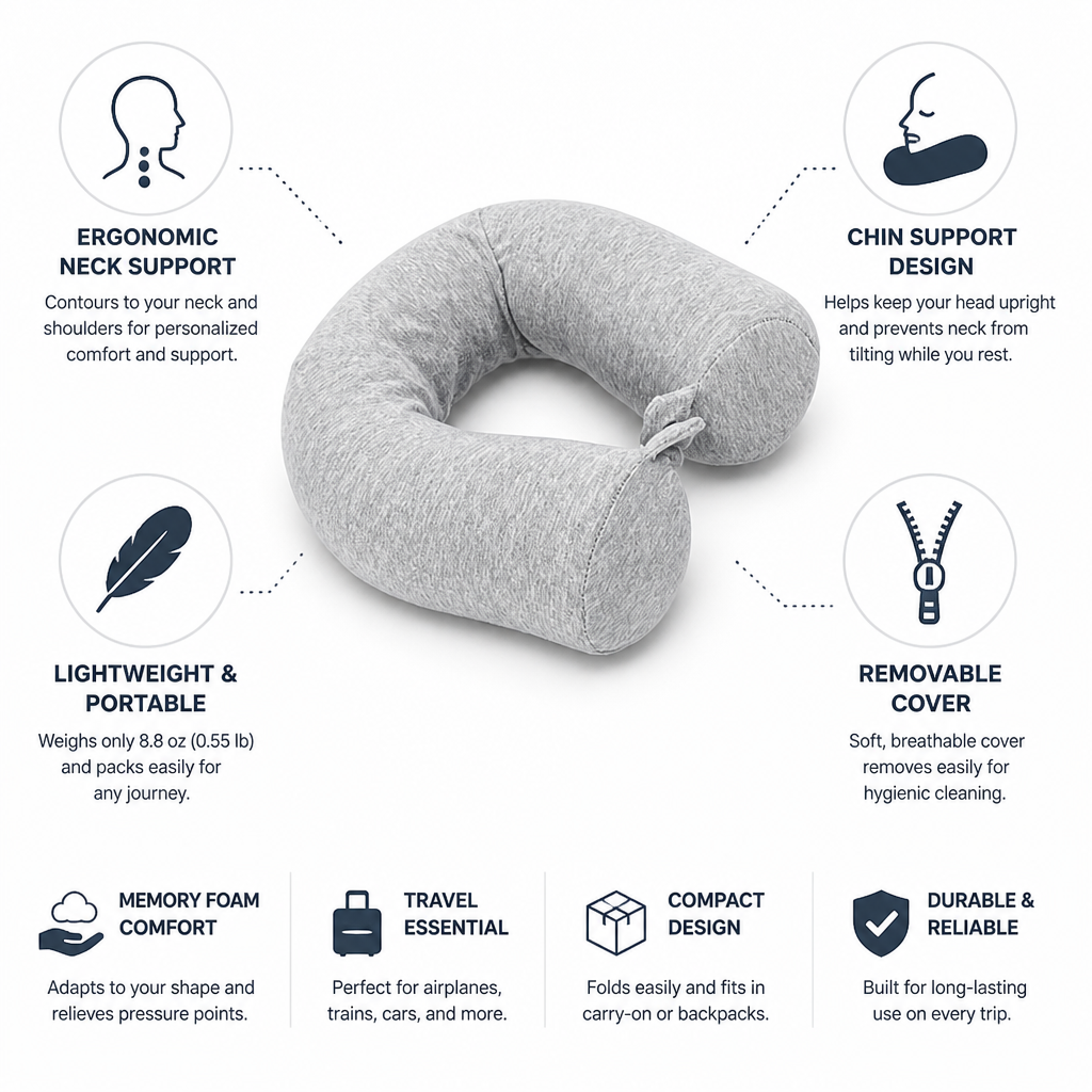 Memory Foam Ergonomic Travel Neck Pillow (Removable Cover)