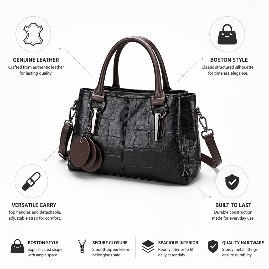 Genuine Leather Embossed Croc Boston Handbag (Removable Strap)