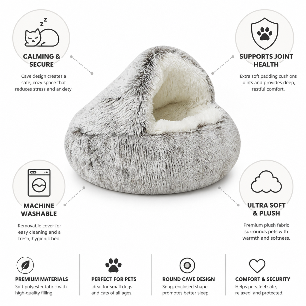 Calming Plush Polyester Cave Pet Bed (Machine-Washable Cover)