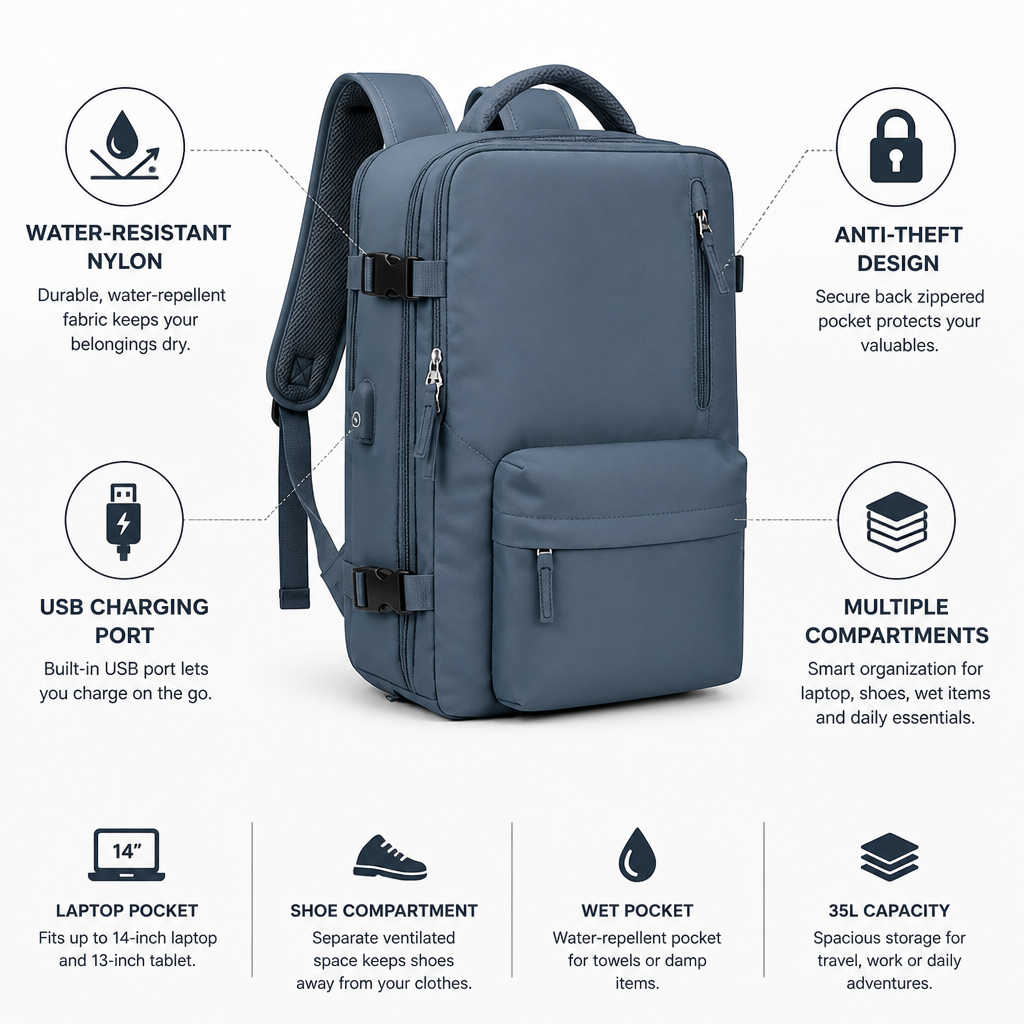 Water-Resistant Nylon Anti-Theft USB Travel Backpack