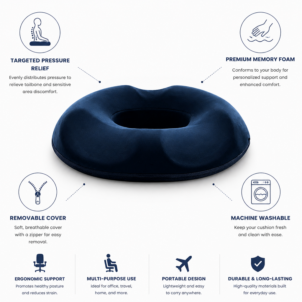 Memory Foam Tailbone Relief Seat Cushion (Removable Washable Cover)