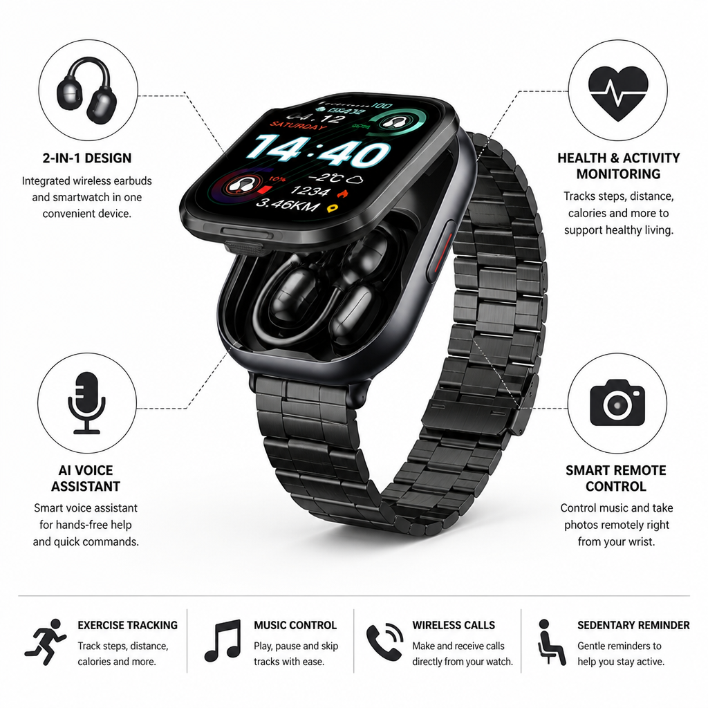 HD Touchscreen Smartwatch With Integrated Wireless Earbuds