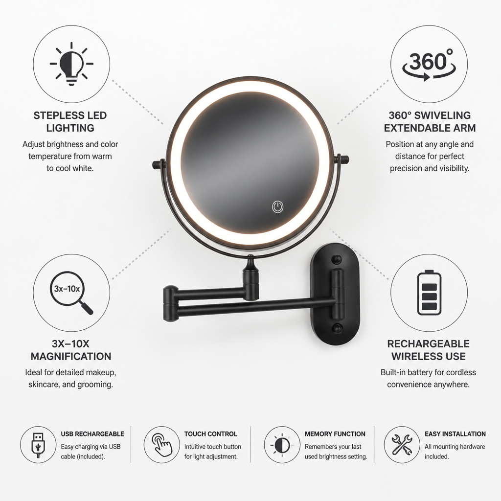 Rechargeable Stepless LED Wall-Mounted Magnifying Mirror (3x–10x)