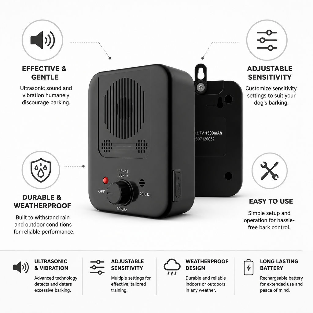 Weatherproof Ultrasonic & Vibration Bark Control Device (Adjustable Sensitivity)