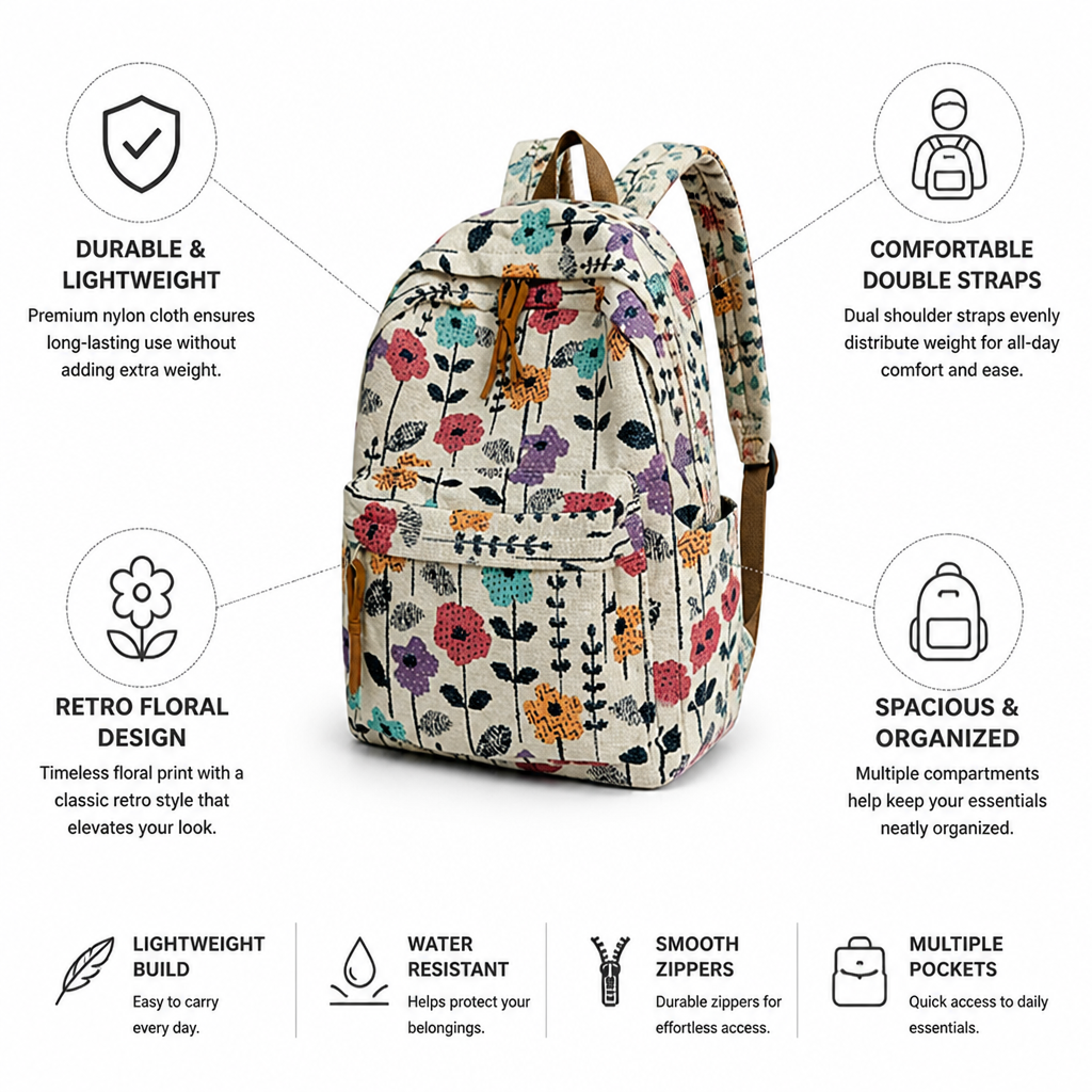 Lightweight Nylon Double-Strap Floral Backpack