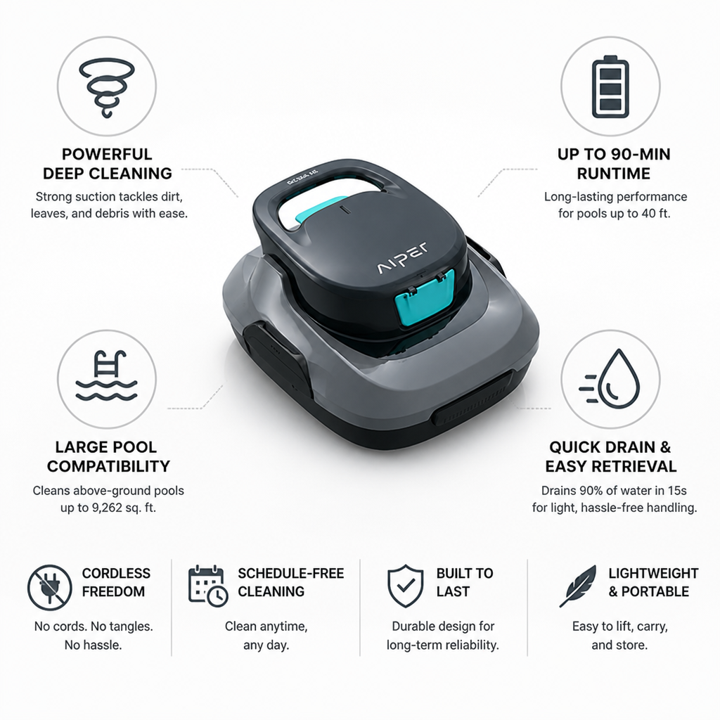 Cordless 90-Min Runtime Powerful Suction Above-Ground Pool Vacuum
