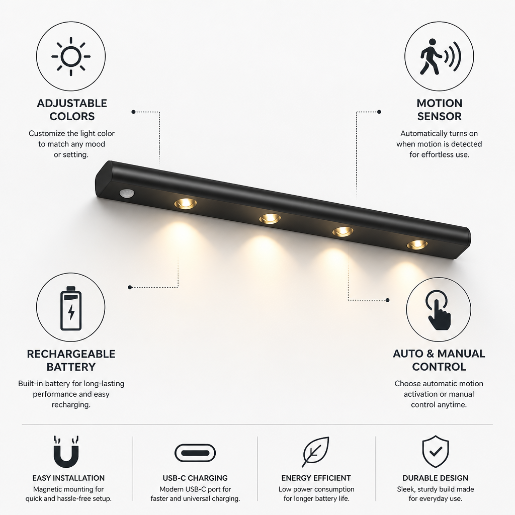 Wireless Rechargeable Motion-Sensor Under-Cabinet LED Light