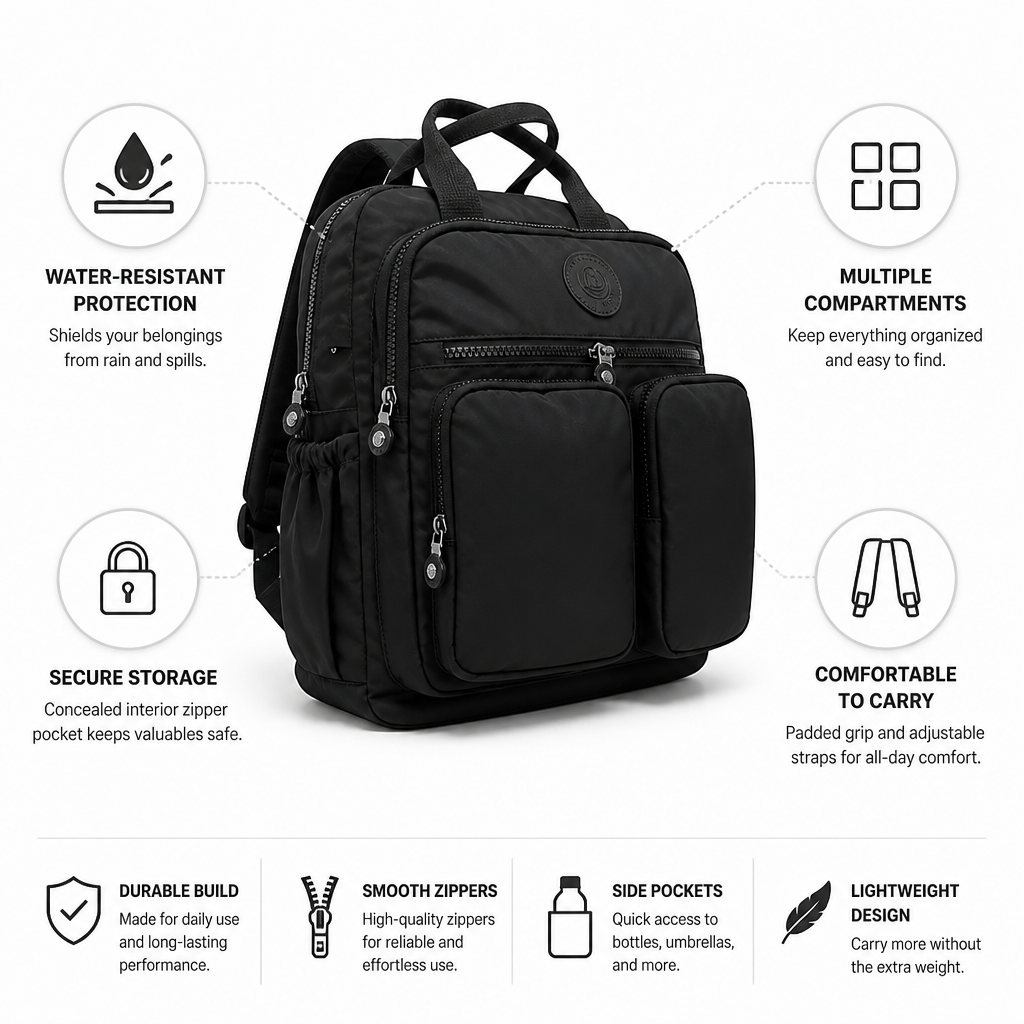 Water-Resistant Multi-Pocket Backpack (Padded Grip)