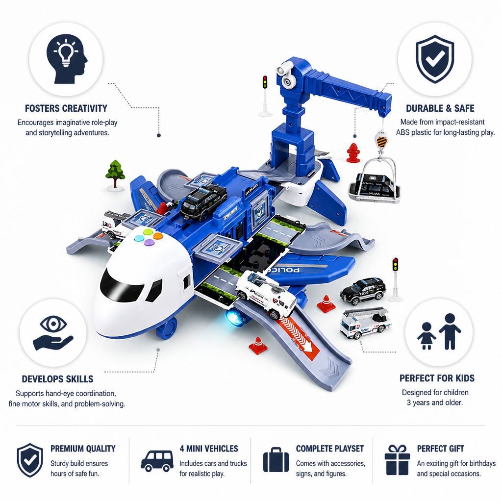 Durable ABS Airplane Playset (Includes 4 Mini Vehicles)