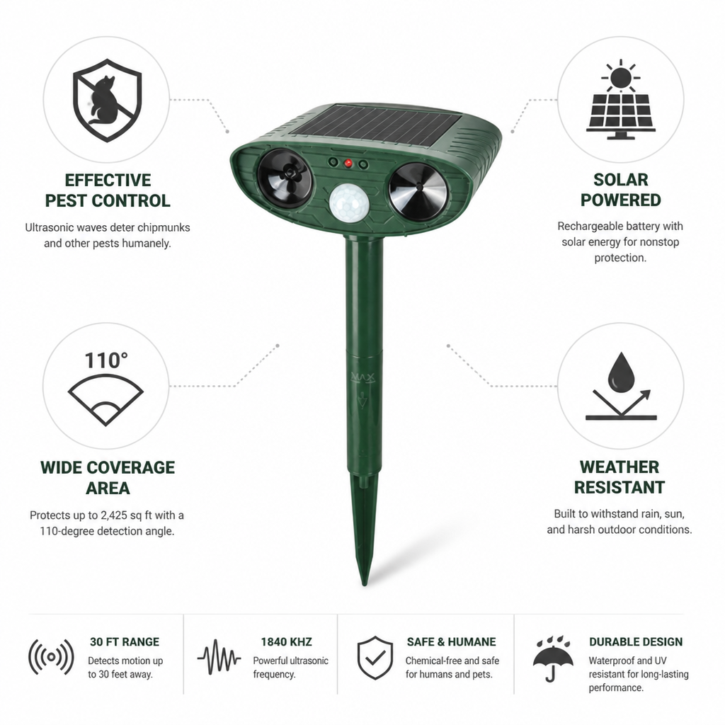 Solar-Powered Ultrasonic Motion-Activated Chipmunk Repeller (2,425 Sq Ft Coverage)