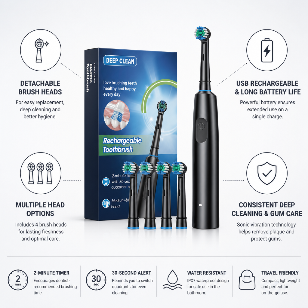 Detachable Sonic USB Rechargeable Electric Toothbrush (Includes 4 Brush Heads)