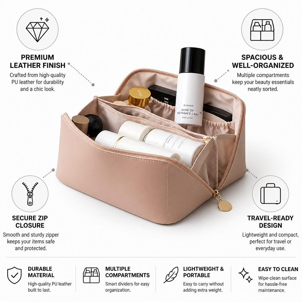 Premium PU Leather Multi-Compartment Cosmetic Bag (Travel-Ready)