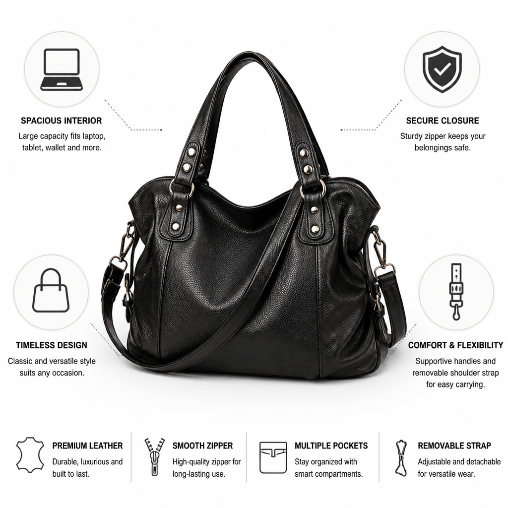 Premium Leather Zippered Women's Shoulder Bag (Removable Strap)