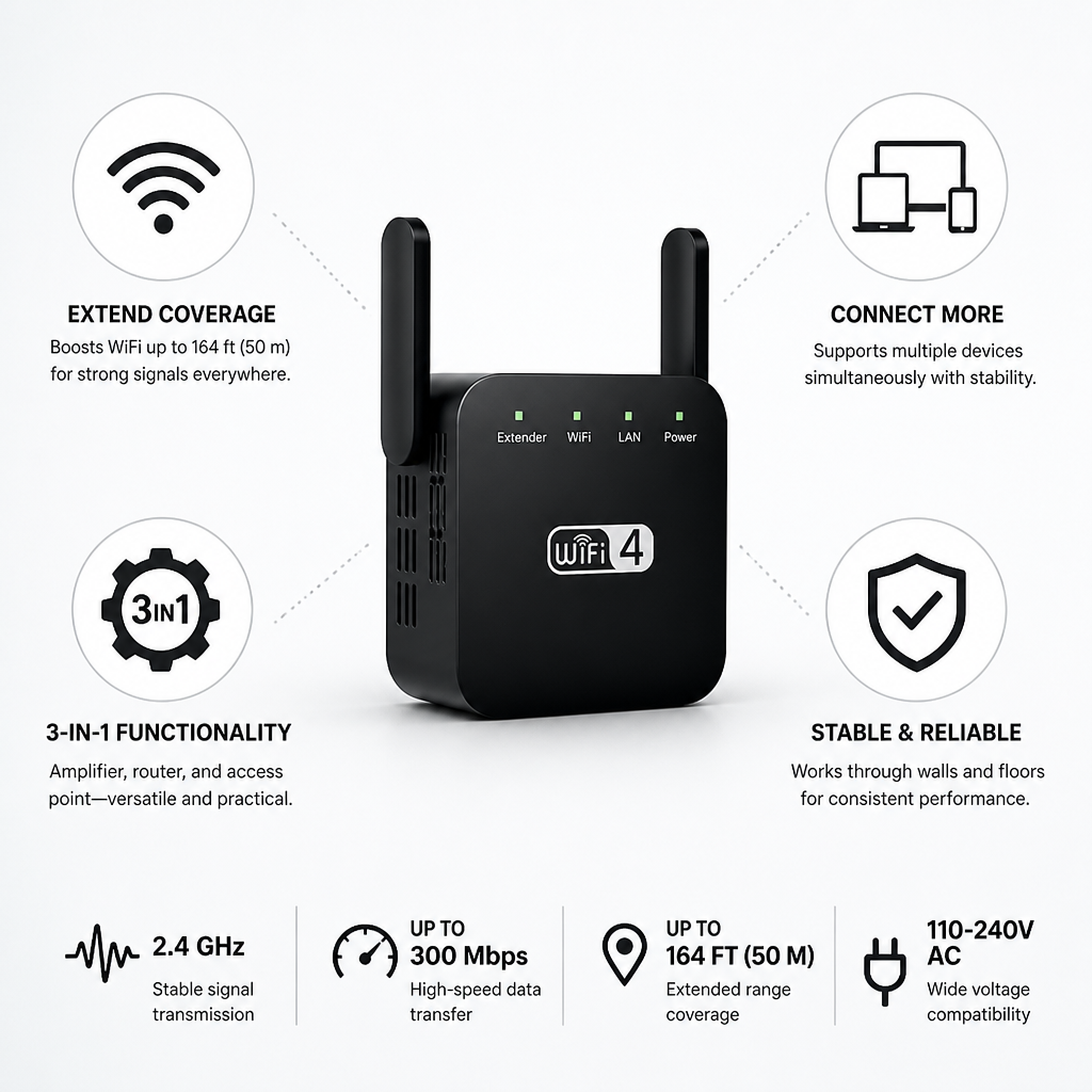 3-in-1 Long-Range WiFi Extender (Up to 50m)