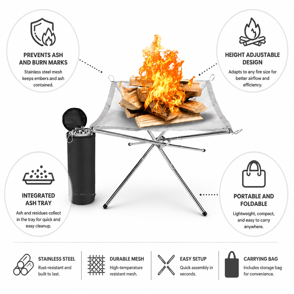 Stainless Steel Mesh Campfire Stand (Integrated Ash Tray)