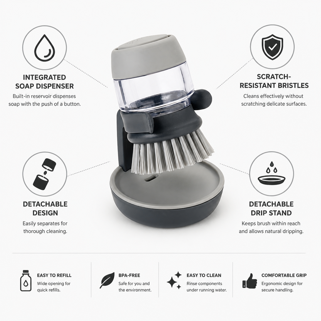 Integrated Refillable Soap Dish Brush (Detachable Drip Stand)