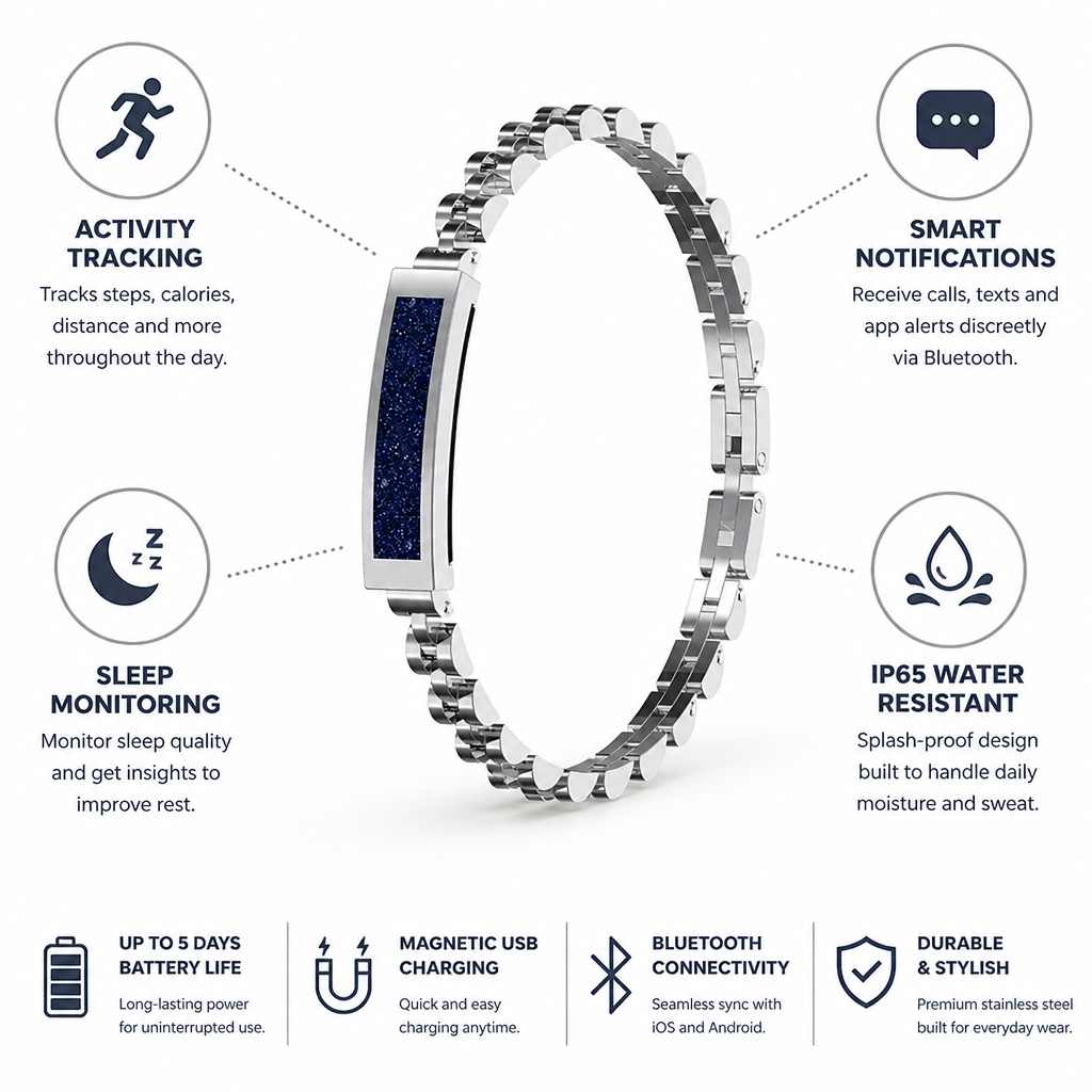 Stainless Steel Bluetooth Fitness Tracker Bracelet (5-Day Battery)