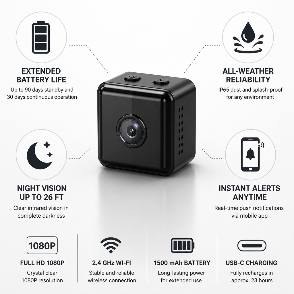 Long Battery Life Night Vision Security Camera (1080P Wi‑Fi, IP65)