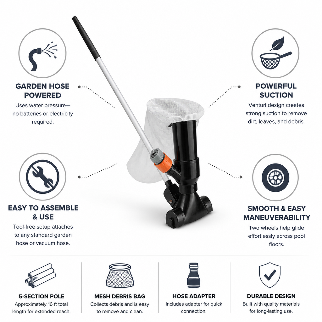 Garden Hose-Powered Venturi Pool Vacuum (5-Section Pole & Mesh Debris Bag)
