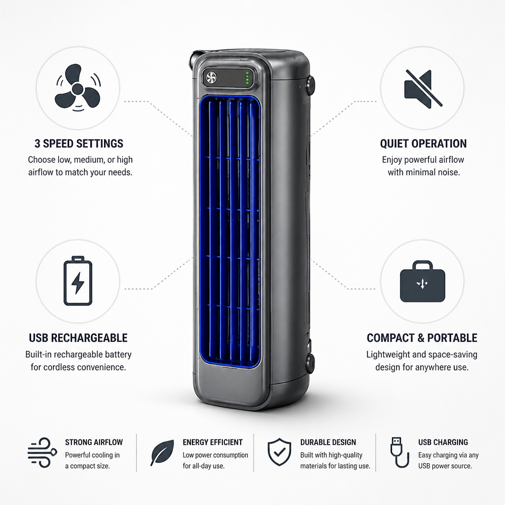 USB Rechargeable 3-Speed Quiet Desk Fan
