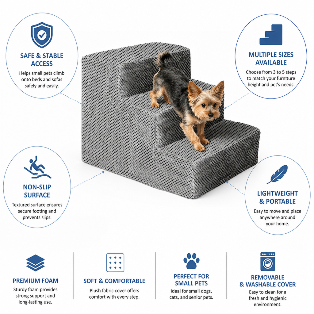 Adjustable Non-Slip Foam Pet Stairs (3–5 Steps)
