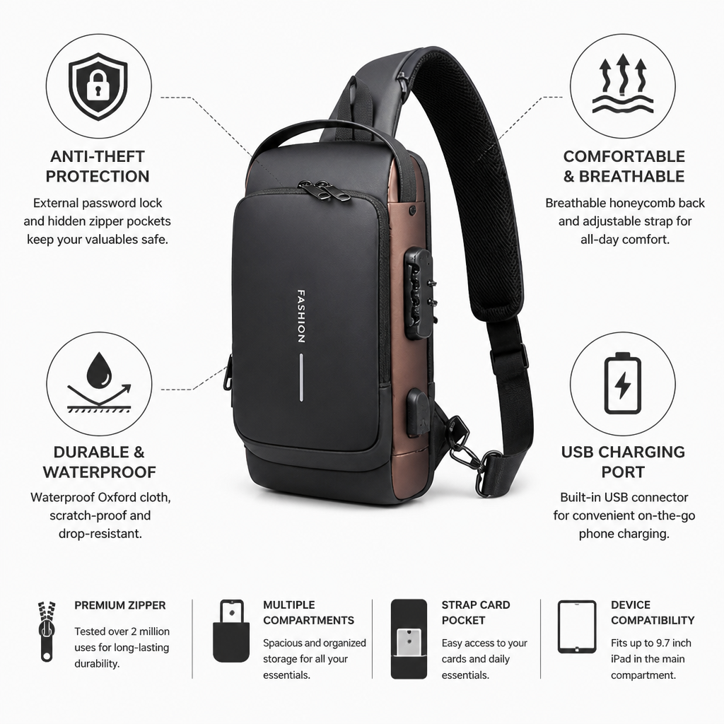 Anti-Theft Locking Sling Bag (USB Charging Port)