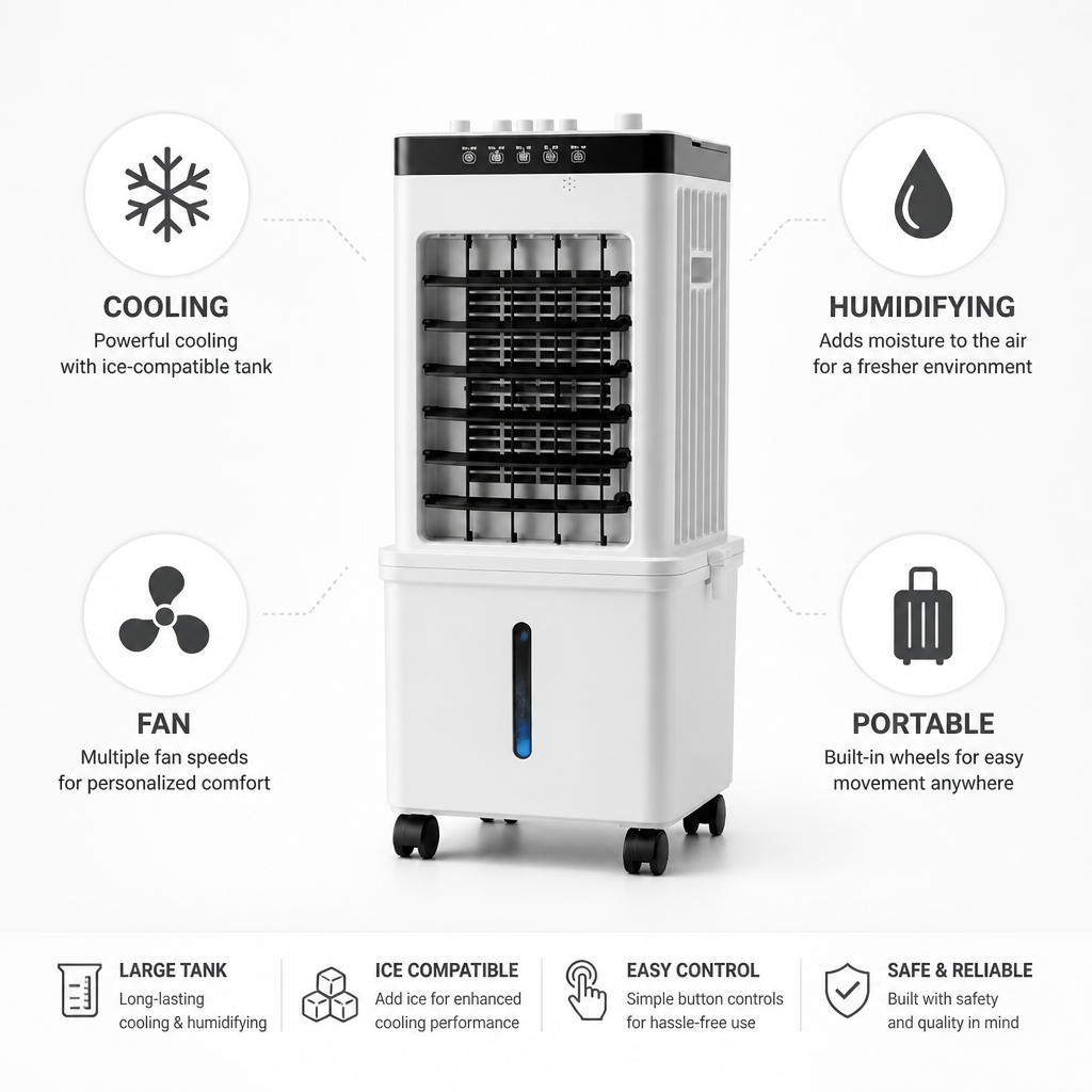 Portable 3-in-1 Cooling & Humidifying Air Cooler (Ice-Compatible Tank)