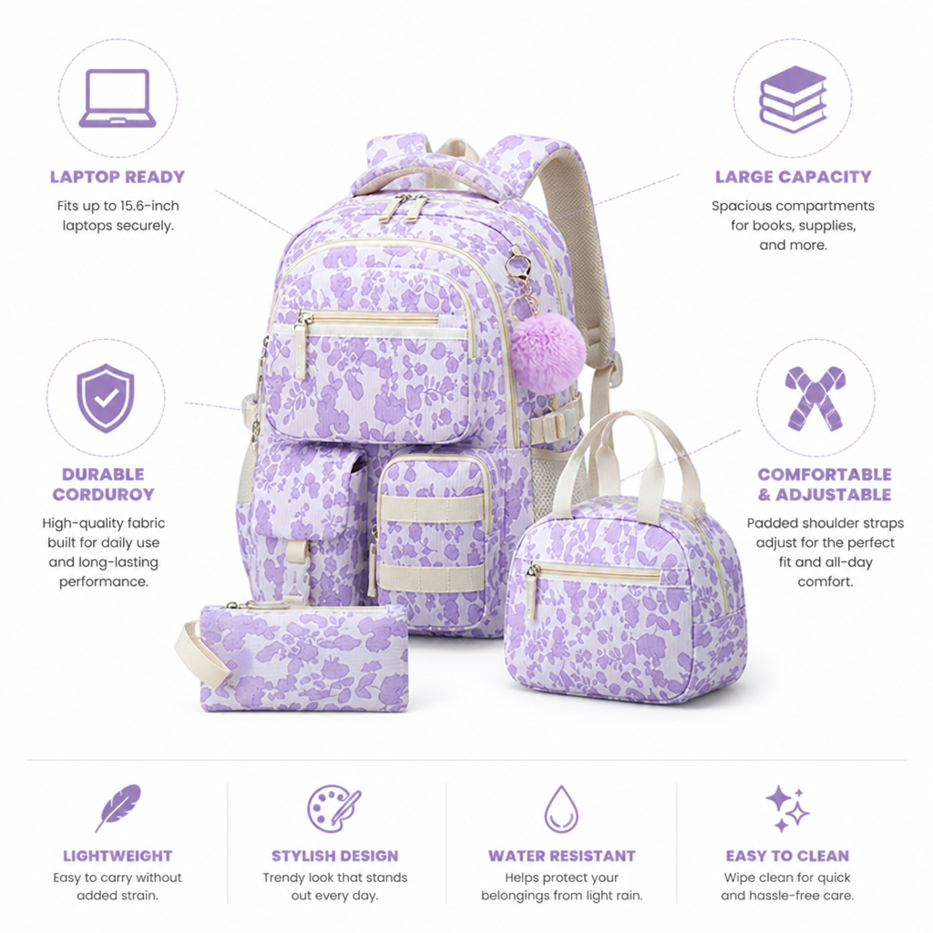 Corduroy Laptop-Ready Large-Capacity Backpack (3-Piece Set)