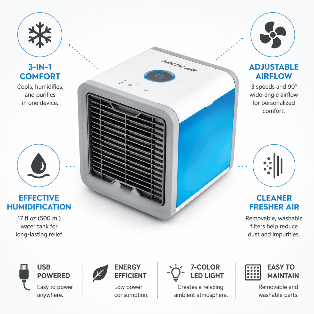 USB-Powered 3-in-1 Air Cooler, Humidifier & Purifier