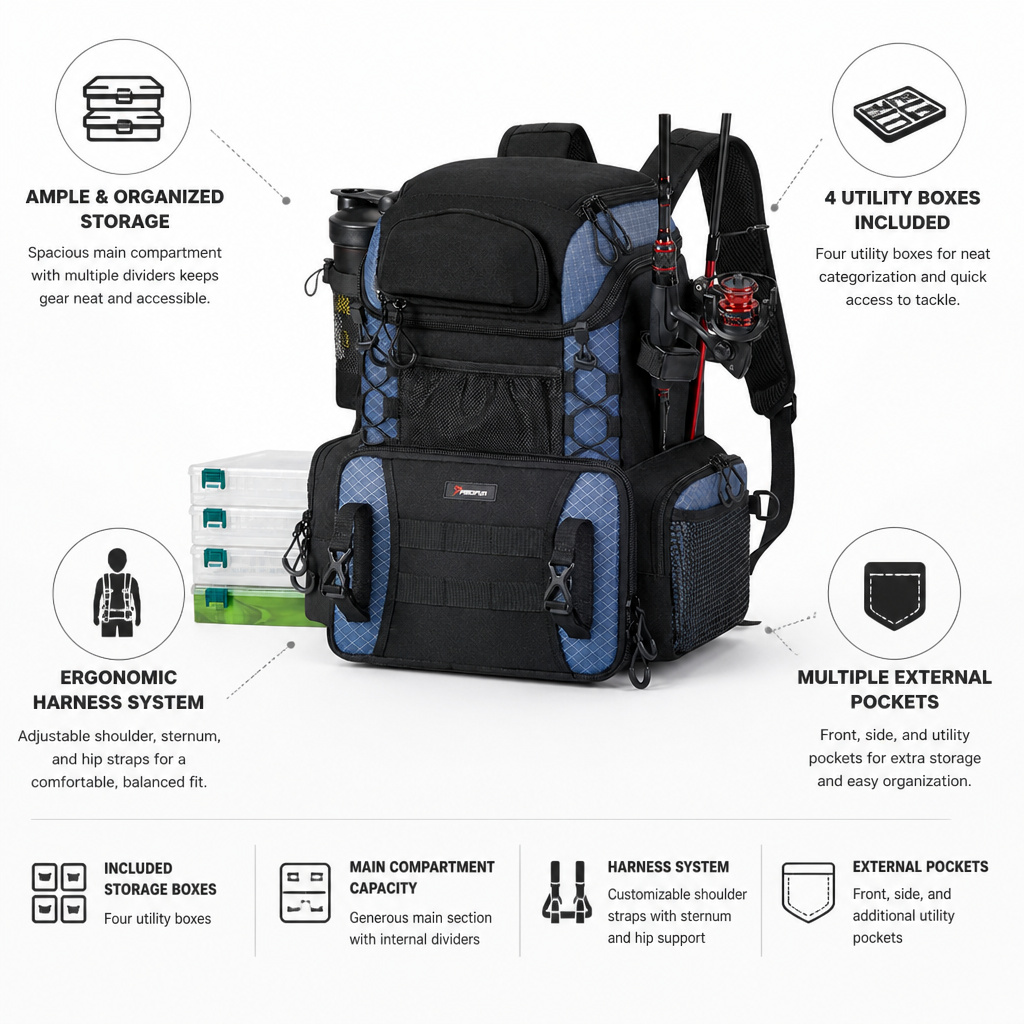 Rod Holders & Ergonomic Fishing Tackle Backpack (Includes 4 Utility Boxes)