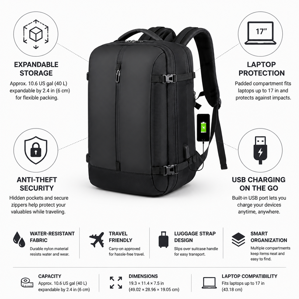 Expandable Water-Resistant USB Charging Travel Backpack (40L)