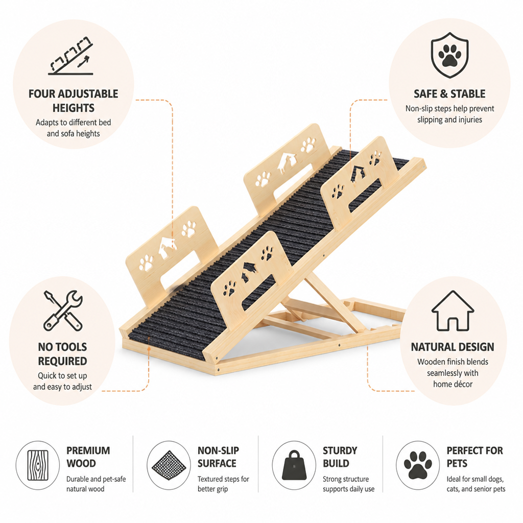 4-Level Adjustable Non-Slip Natural Wood Pet Ramp (For Beds & Sofas)