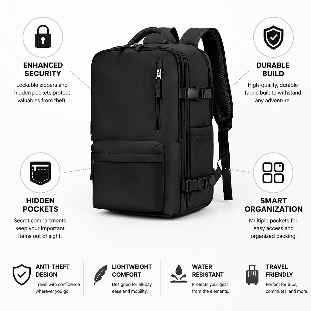 Anti-Theft Lockable Zippers & Hidden Pockets Adventure Backpack