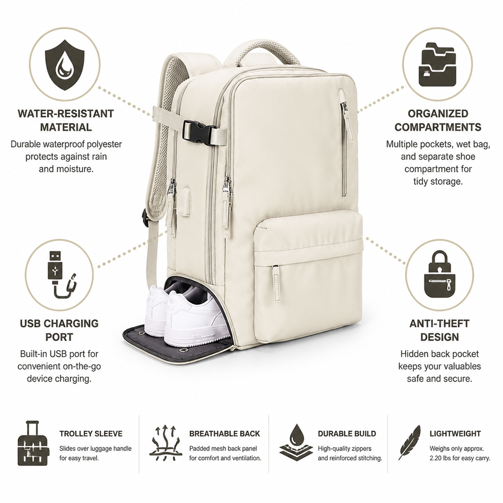 Waterproof USB-Port Shoe-Compartment Travel Backpack (40L)