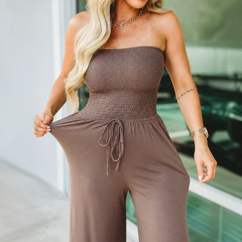 Veloria™ – Strapless Smocked Wide-Leg Jumpsuit with Pockets