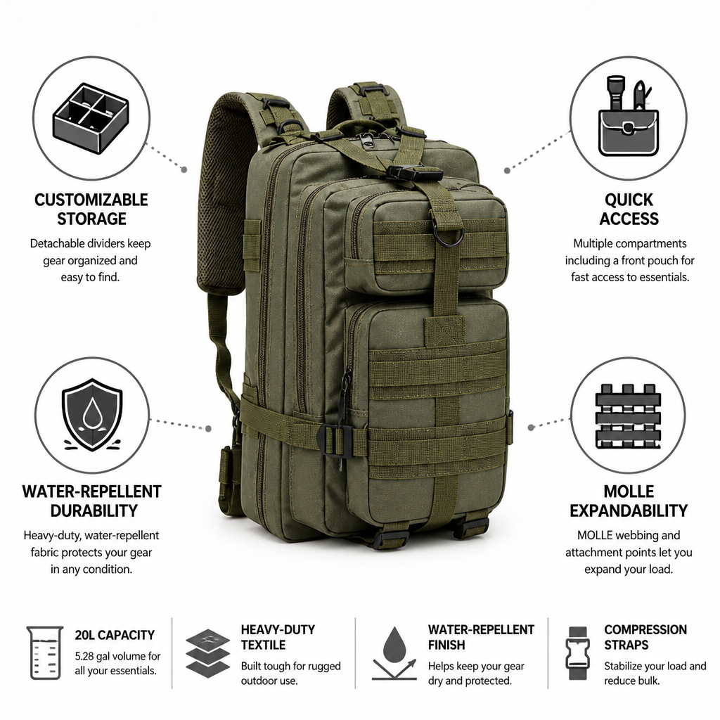 Water-Repellent MOLLE Emergency Backpack (20L)